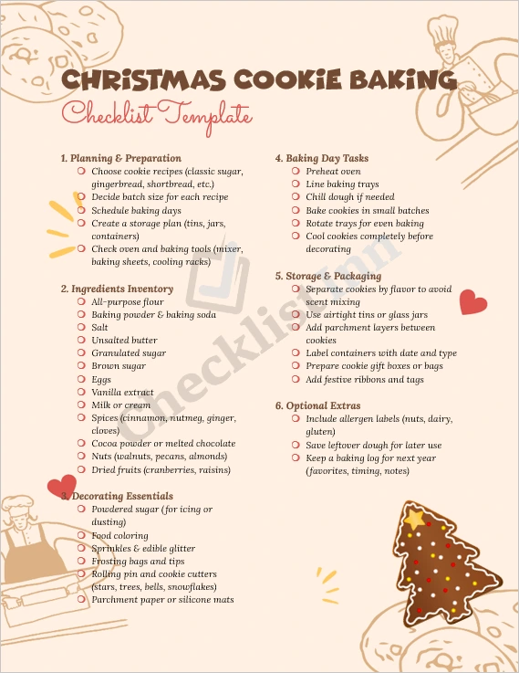Christmas Cookie Baking Checklist Template cover page featuring festive cookie illustrations and holiday design