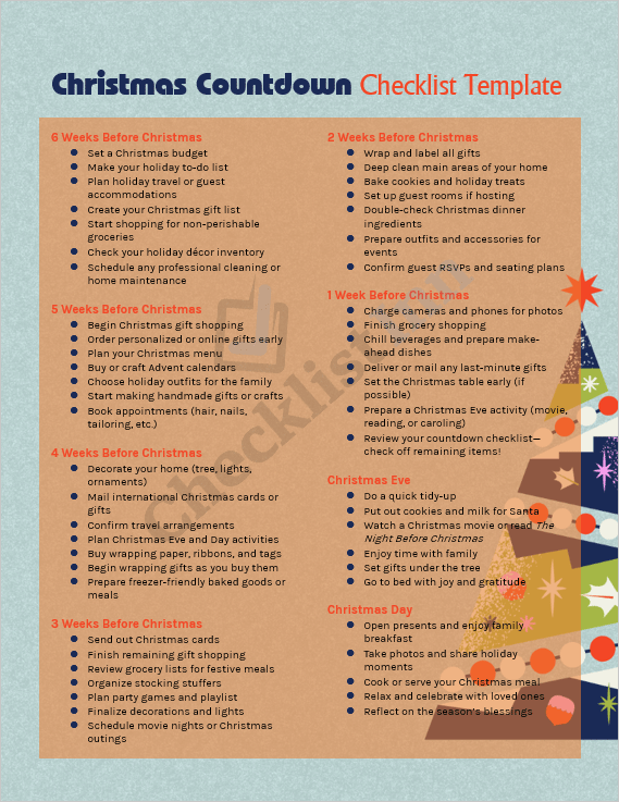Cover page of the Christmas Countdown Checklist featuring holiday decorations, calendar layout, and festive design for planning Christmas activities.