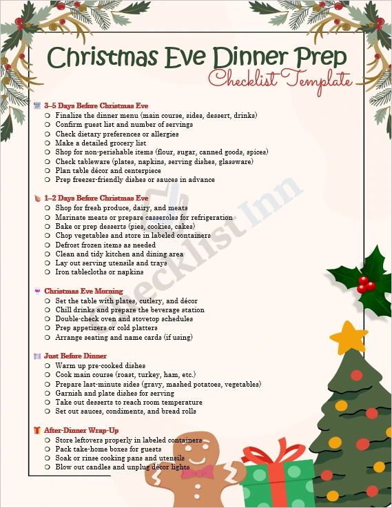 Christmas Eve dinner preparation checklist cover page with festive design and organized layout