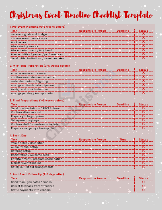 Professional cover page of the Christmas Event Timeline Checklist Template featuring a festive design and event planning theme.