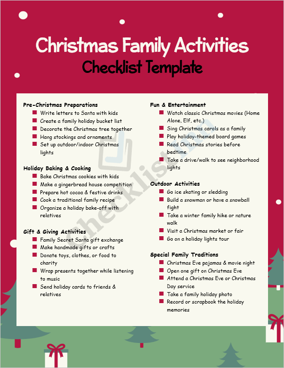Cover page of the Christmas Family Activities Checklist Template showing a festive family design with holiday icons and checklist layout.