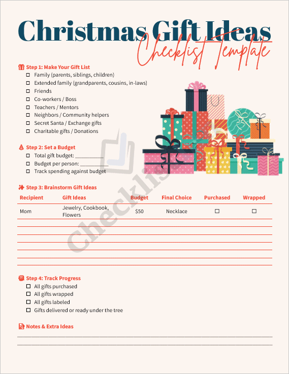 Festive cover page of the Christmas Gift Ideas Checklist Template featuring a holiday theme with gift boxes and decorations.