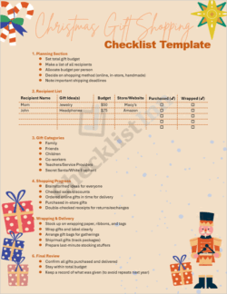 Festive cover page of the Christmas Gift Shopping Checklist Template showing holiday decorations, wrapped presents, and checklist title.