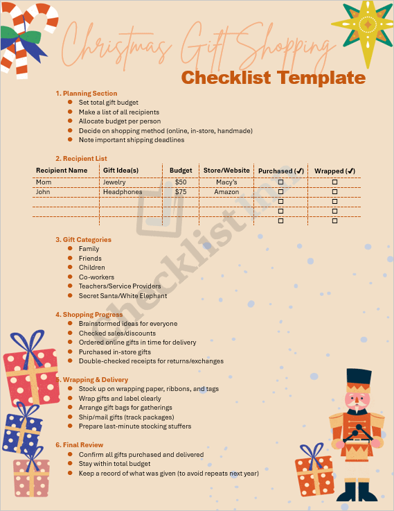 Festive cover page of the Christmas Gift Shopping Checklist Template showing holiday decorations, wrapped presents, and checklist title.