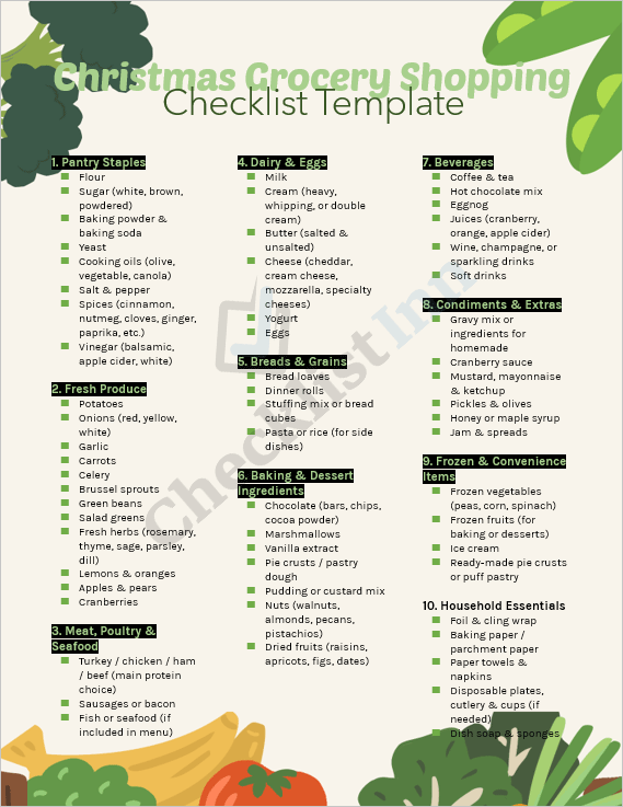 Cover page of the Christmas Grocery Shopping Checklist Template featuring festive design with grocery icons and holiday colors.