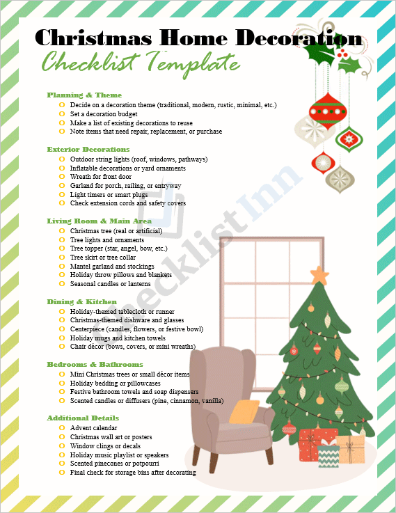 Cover page of the Christmas Home Decoration Checklist Template featuring festive decorations and an organized holiday planning layout.