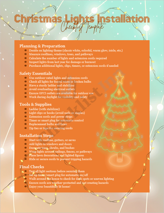 Cover page of the Christmas Lights Installation Checklist Template showing a festive holiday lighting theme with organized checklist layout.