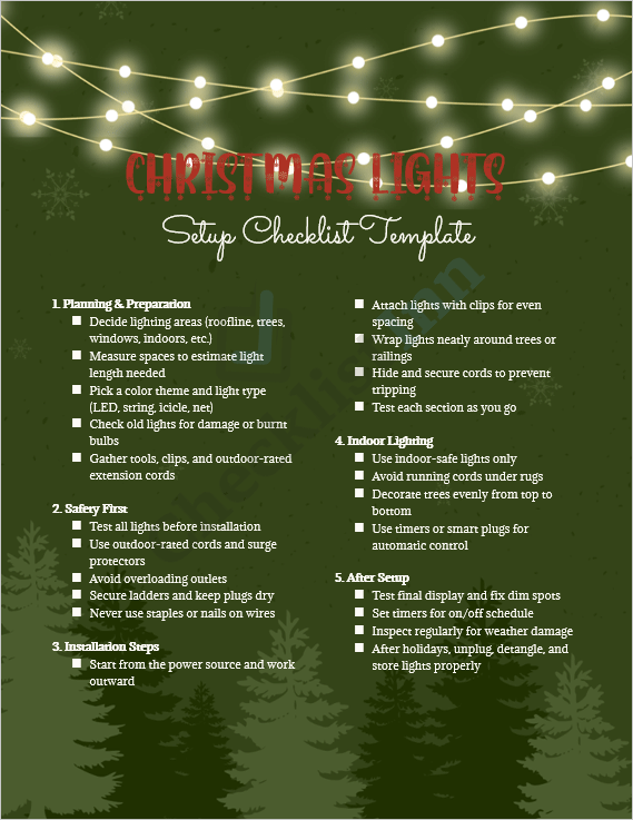 Cover page of the Christmas Lights Setup Checklist Template showing a festive layout for planning and organizing Christmas light installation.