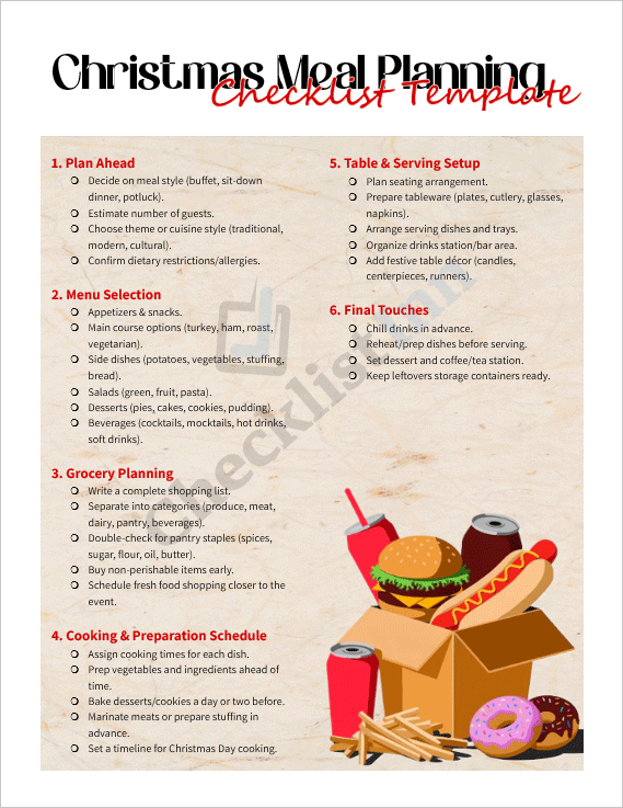 Cover page of the Christmas Meal Planning Checklist Template featuring a festive holiday design with red and green accents, meal icons, and checklist title.