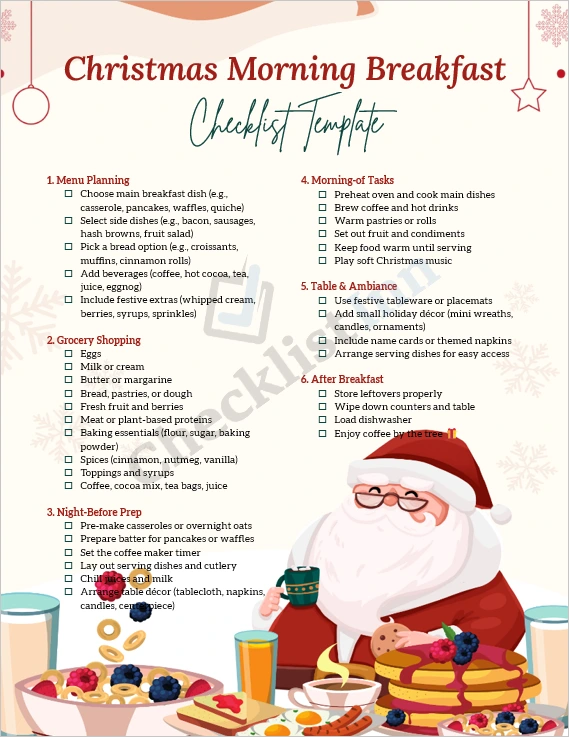 Christmas Morning Breakfast Checklist Template cover page with festive breakfast table and checklist design