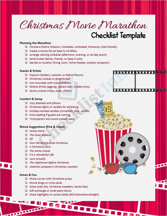 Cover page of the Christmas Movie Marathon Checklist Template showing festive design with movie night theme and holiday decorations