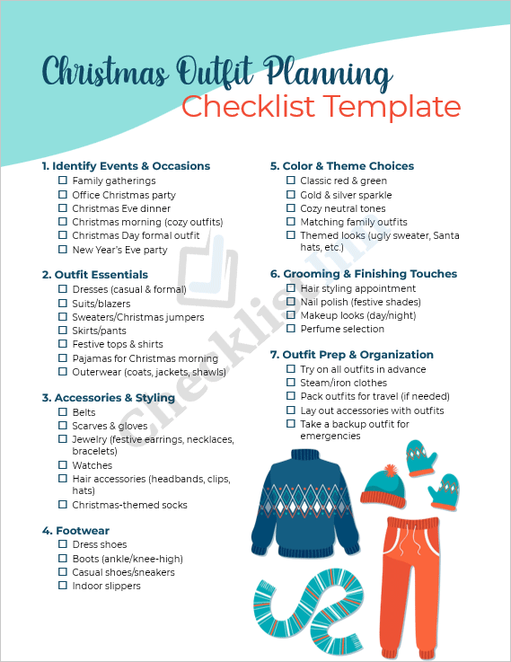 Cover page of the Christmas Outfit Planning Checklist Template featuring a festive red and gold design with clothing and accessory icons.