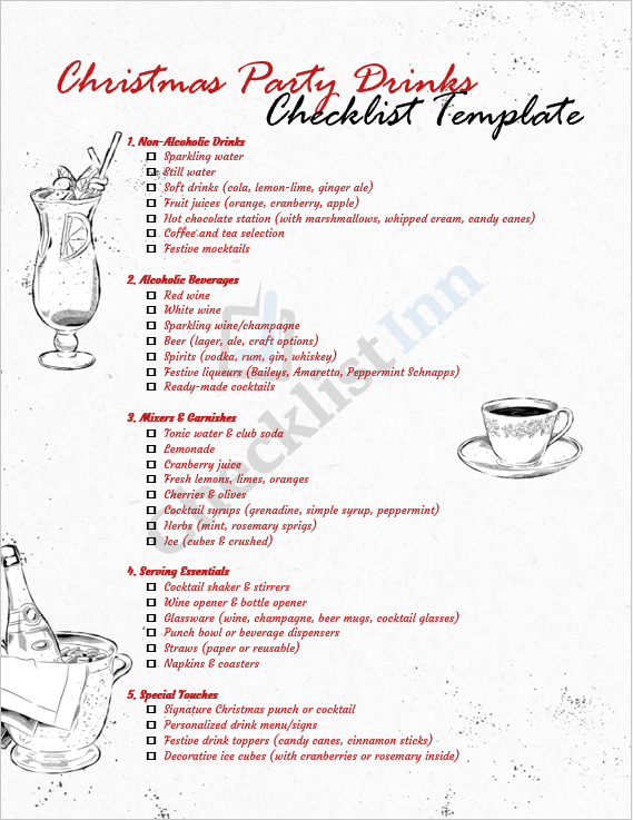 Festive cover page of the Christmas Party Drinks Checklist Template featuring elegant holiday graphics, red and gold accents, and a neatly designed checklist title section.