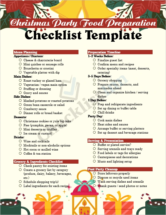 Christmas party food preparation checklist template cover showing a festive layout with organized sections for planning menu and timeline
