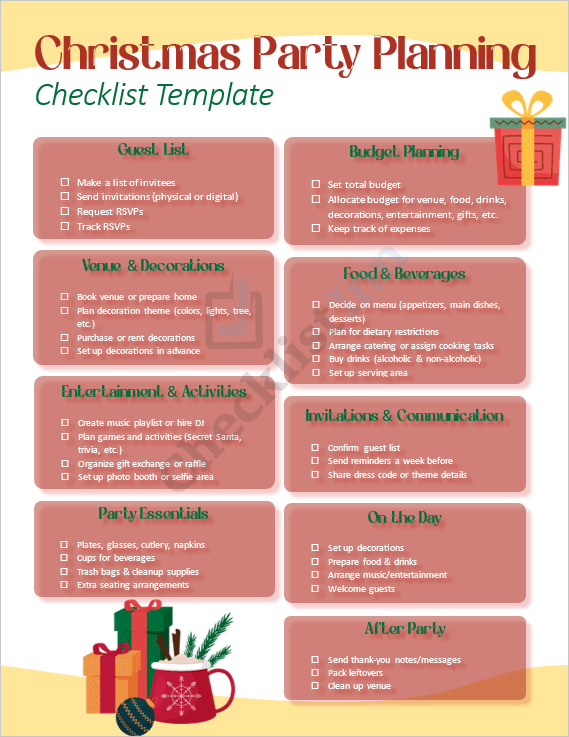Festive red and green cover design of the Christmas Party Planning Checklist Template showing a holiday theme with decorations and title text.