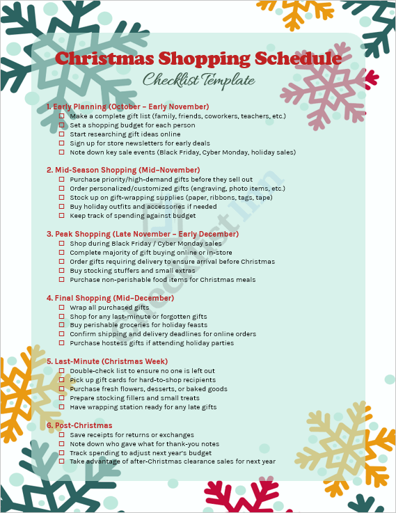 Cover page of the Christmas Shopping Schedule Checklist Template featuring a festive design with holiday-themed elements and checklist title.