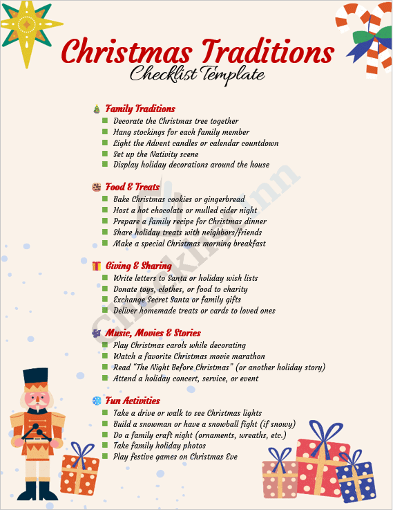 Festive cover page of the Christmas Traditions Checklist Template featuring holiday decorations and cheerful typography.