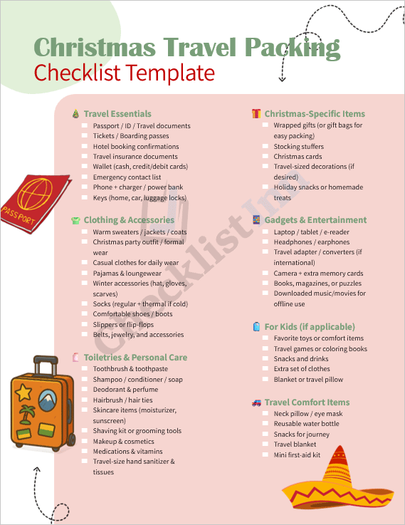 Cover page of the Christmas Travel Packing Checklist Template featuring a holiday-themed design with luggage, Christmas ornaments, and a checklist layout for travel essentials.