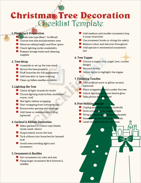 Cover page of the Christmas Tree Decoration Checklist Template showing a festive design with ornaments, lights, and a beautifully decorated Christmas tree theme.