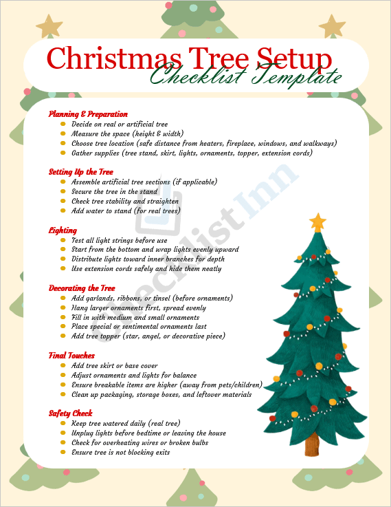 Festive cover page of the Christmas Tree Setup Checklist Template featuring holiday decorations and a clear title layout.