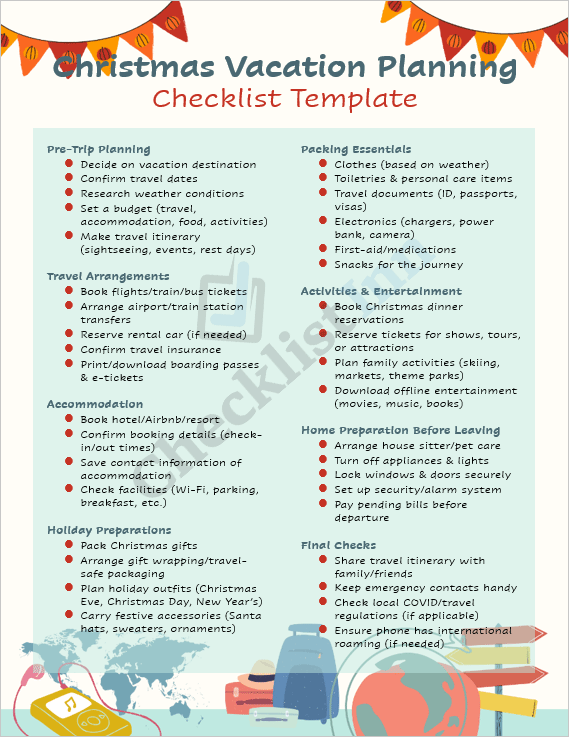 Cover page of the Christmas Vacation Planning Checklist featuring festive travel icons and a holiday design