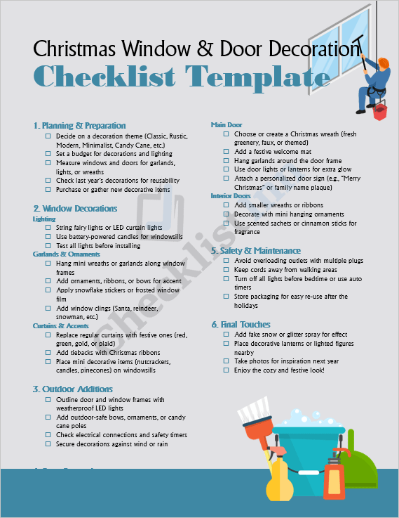 Cover page of the Christmas Window & Door Decoration Checklist Template showing festive window and door décor ideas in a clean printable layout.