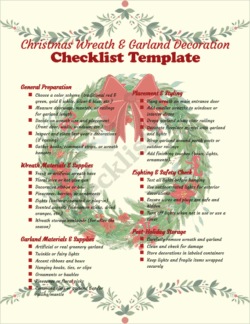 Cover page of the Christmas Wreath & Garland Decoration Checklist Template showing a festive wreath and garland design with checklist title and holiday theme.