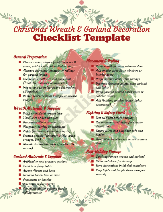 Cover page of the Christmas Wreath & Garland Decoration Checklist Template showing a festive wreath and garland design with checklist title and holiday theme.