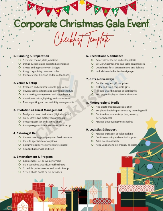 Corporate Christmas Gala Event Checklist Template cover page showing elegant festive design with gold and red theme