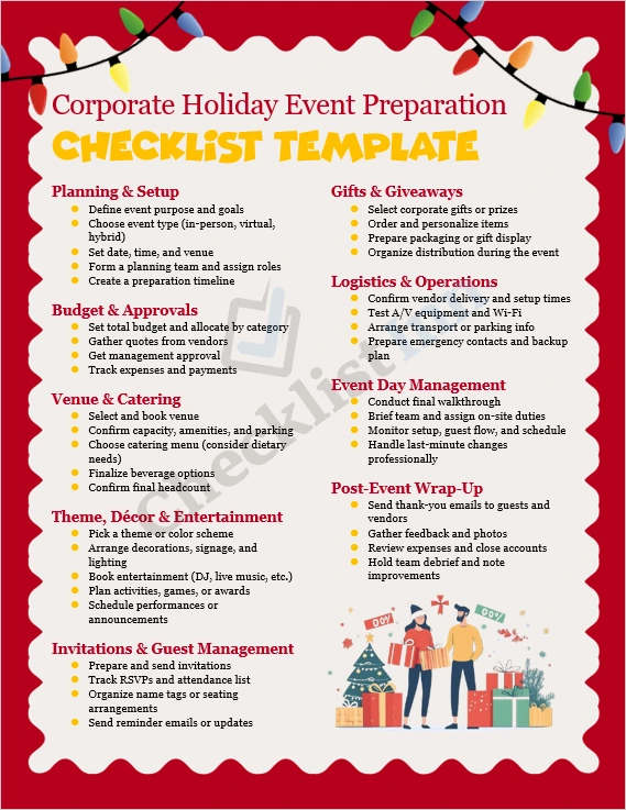 Corporate Holiday Event Preparation Checklist cover page showing professional design and elegant layout