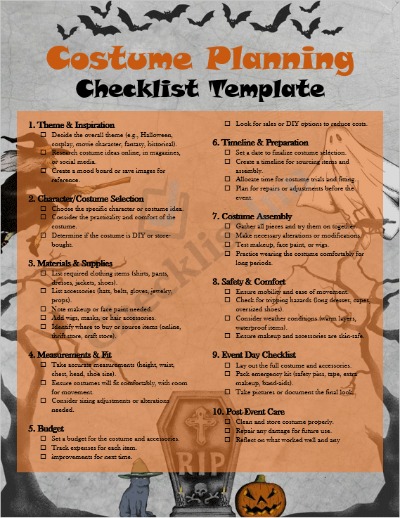 Cover page of the Costume Planning Checklist Template featuring creative costume icons and organized design layout for easy planning.