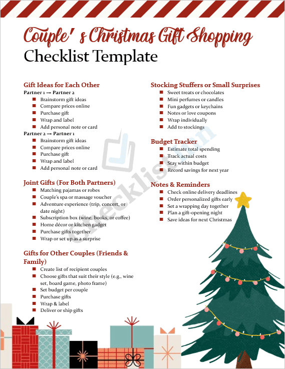 Cover page of the Couple’s Christmas Gift Shopping Checklist Template showing festive holiday design, couple-themed icons, and organized checklist sections.