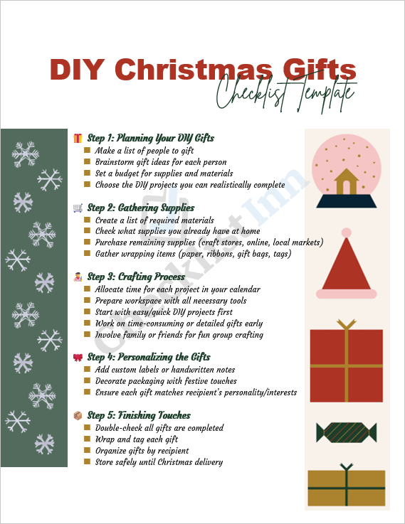 Cover page of DIY Christmas Gifts Checklist Template featuring festive Christmas design and title section for handmade gift planning.