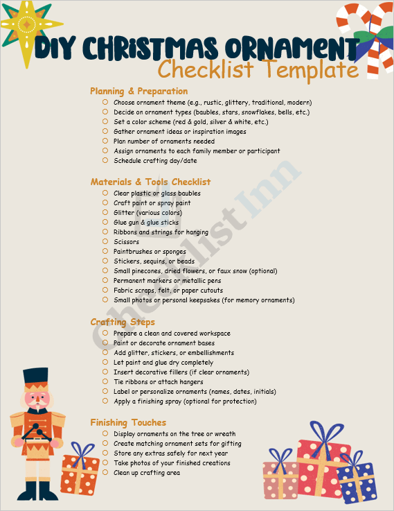 Cover page of the DIY Christmas Ornament Checklist Template showing a festive Christmas theme with ornaments, ribbons, and craft materials arranged around a checklist layout.