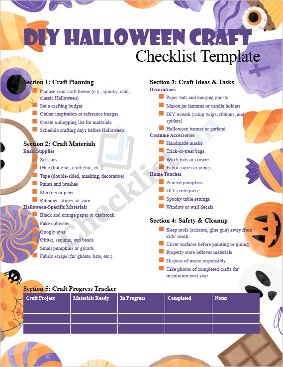 Cover page of the DIY Halloween Craft Checklist Template featuring Halloween-themed design elements such as pumpkins, bats, and crafting tools for a festive creative layout.