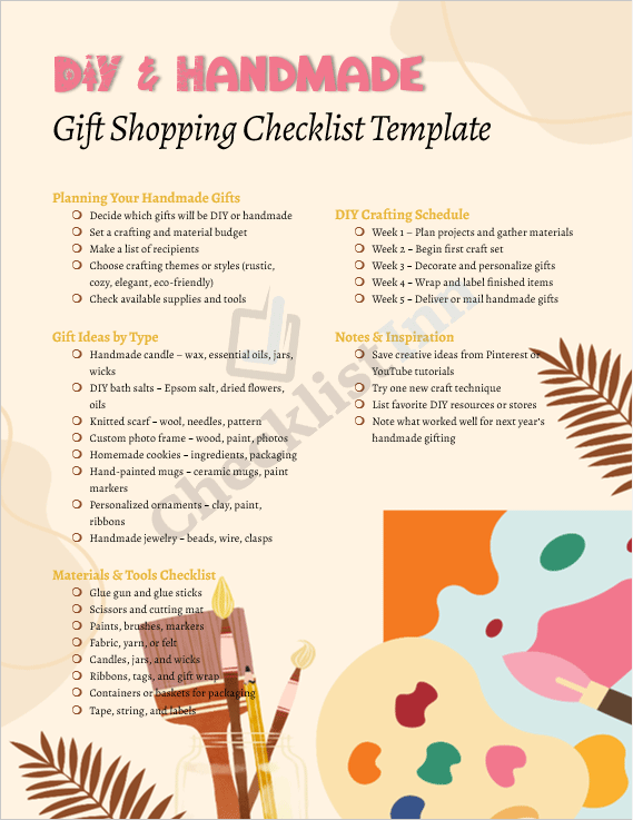 Cover page of the DIY & Handmade Gift Shopping Checklist Template featuring festive design elements and a preview of handmade gift planning sections.