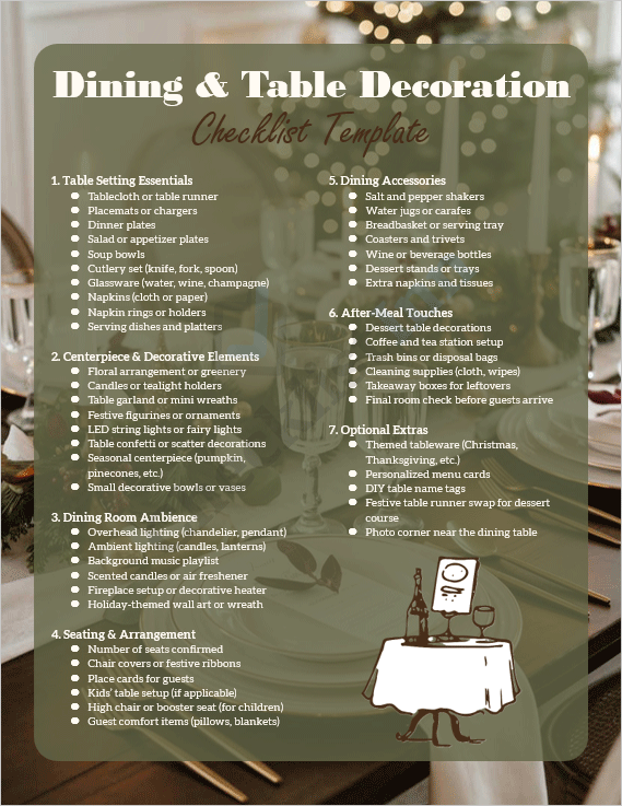 Cover page of the Dining & Table Decoration Checklist Template featuring an elegant festive dining setup with candles, plates, and table décor elements.