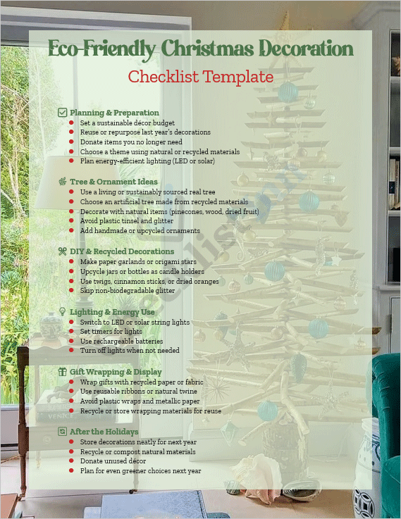 Cover page of the Eco-Friendly Christmas Decoration Checklist Template showing a clean, minimal design with festive green and natural holiday accents.