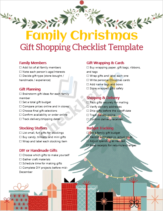 Cover page of the Family Christmas Gift Shopping Checklist Template featuring a festive Christmas theme with checkboxes and decorative holiday elements.