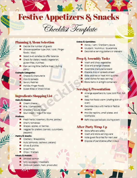 Festive Appetizers and Snacks Checklist Template cover page showing a holiday themed design with serving trays and checkboxes