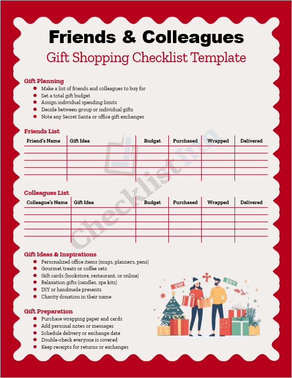 Cover page of the Friends & Colleagues Gift Shopping Checklist Template showing elegant layout for organized gift planning for friends and coworkers.