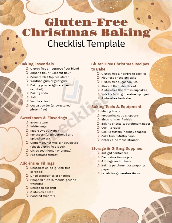 Gluten Free Christmas Baking Checklist Template cover page showing festive baking ingredients and holiday design