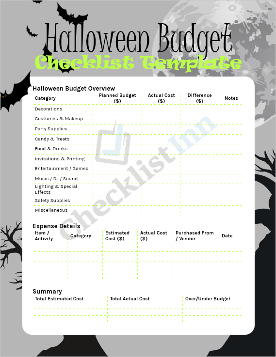 Cover page of the Halloween Budget Checklist Template showing festive Halloween-themed design and budgeting title layout.