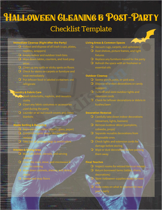 Cover page of the Halloween Cleaning & Post-Party Checklist Template featuring festive Halloween graphics, cleaning icons, and a professional layout ready for download.