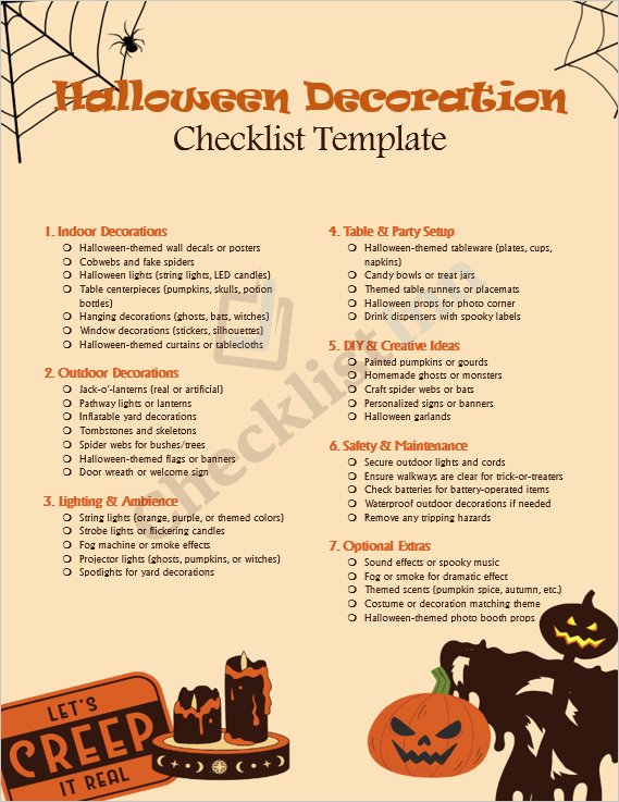 Cover page of Halloween Decoration Checklist Template featuring spooky icons, pumpkins, and festive design elements for organized Halloween décor planning.