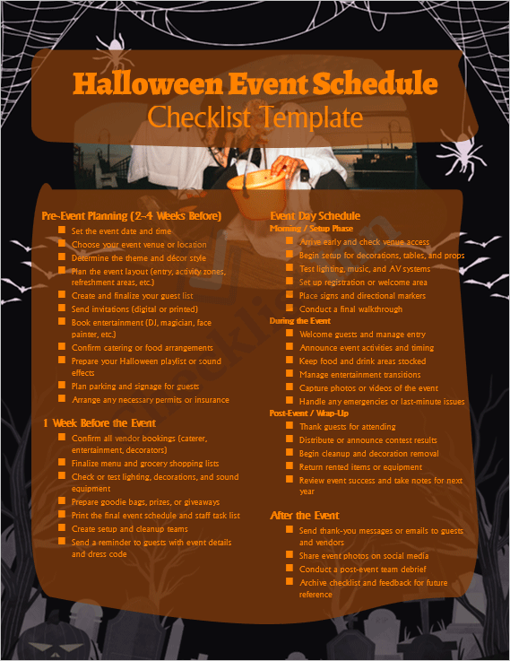Cover page of the Halloween Event Schedule Checklist Template featuring a festive Halloween-themed design with pumpkins, bats, and event planning elements.