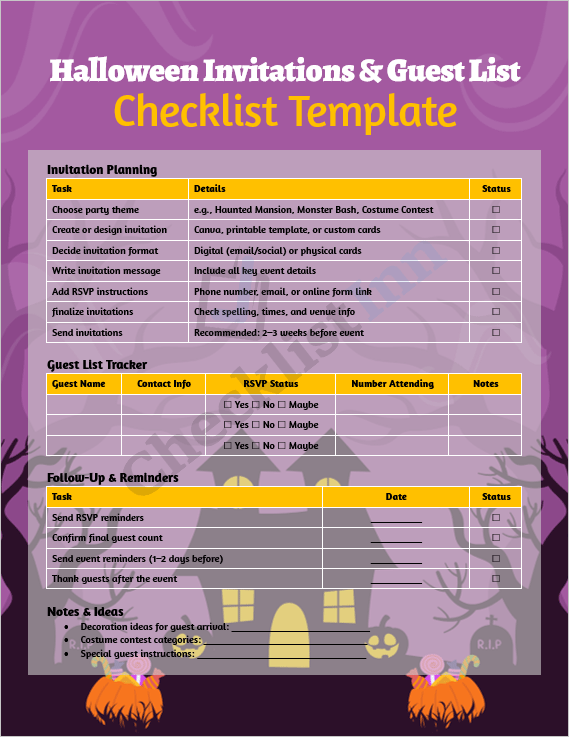 Cover page of the Halloween Invitations & Guest List Checklist Template featuring spooky Halloween-themed graphics and festive party planning design.