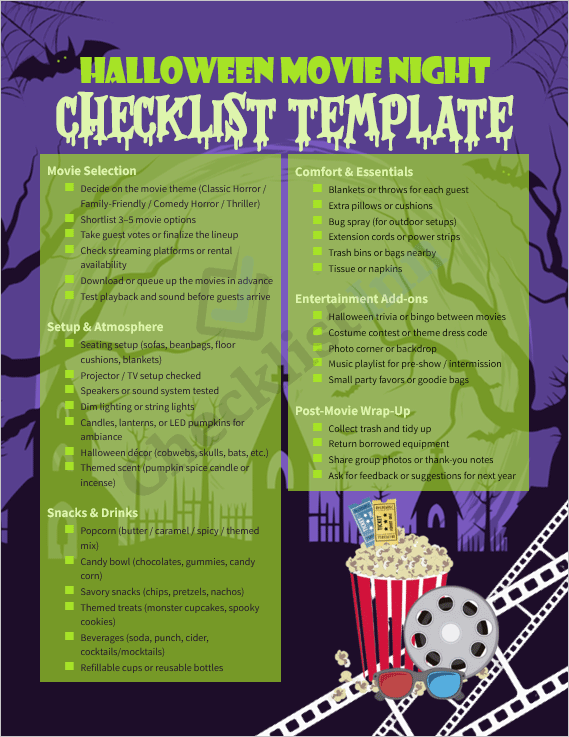 Cover page of the Halloween Movie Night Checklist Template featuring spooky movie icons, popcorn, and Halloween-themed graphics.