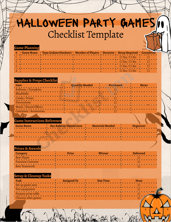 Cover page of the Halloween Party Games Checklist Template showing a festive Halloween-themed layout with orange and black design elements.