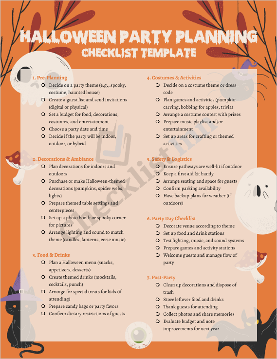 Printable Halloween Party Planning Checklist cover showing spooky theme design with pumpkins and bats